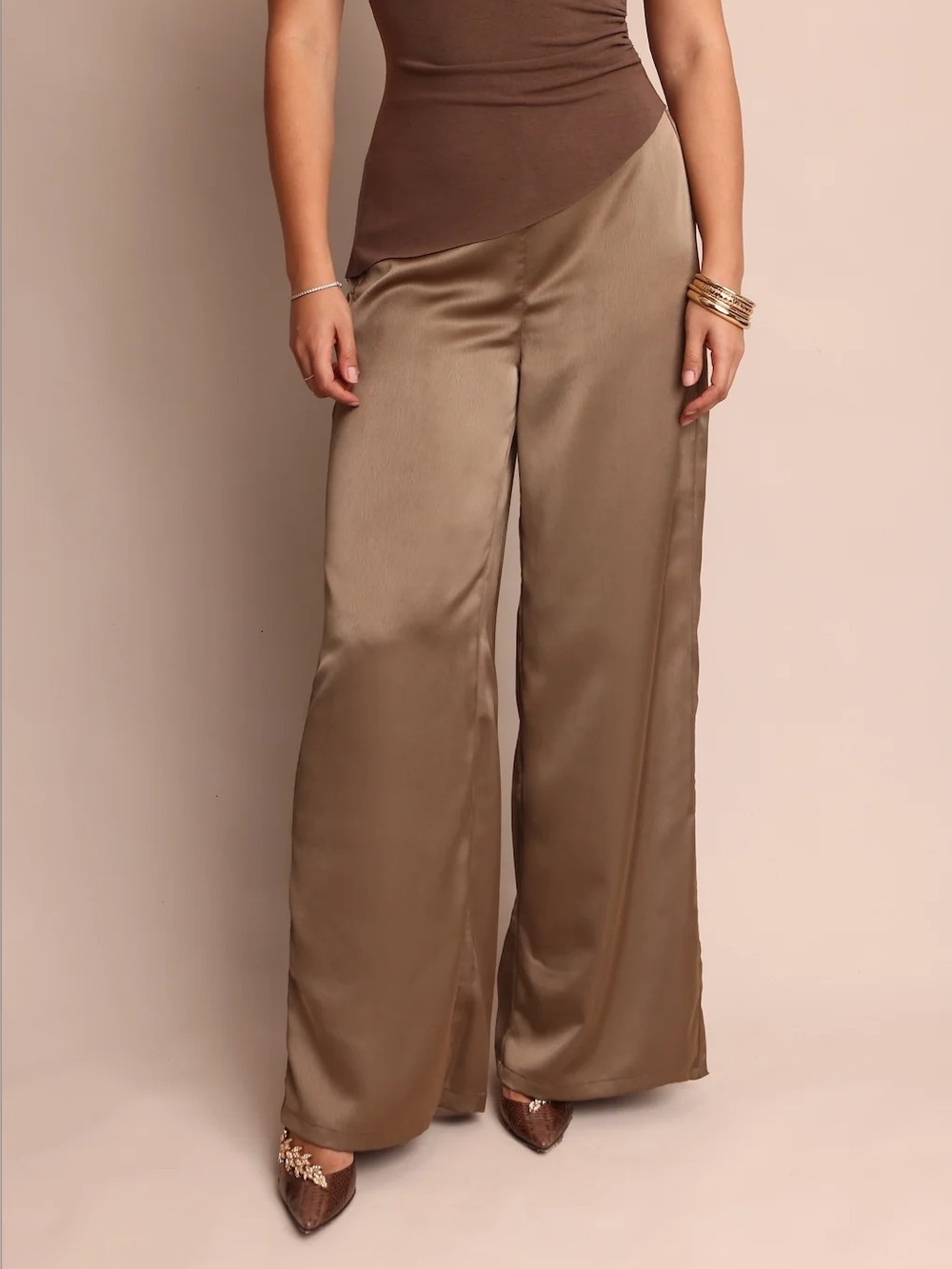 Zara Satin Wide Leg Trouser Pants, Taupe Brown – Size XL